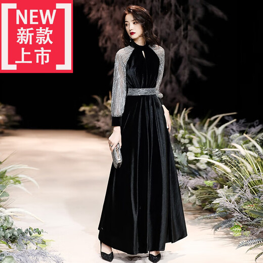 AIKUAMAO adult dress for women 18 years old, high-end black velvet evening dress for women 2023 banquet temperament, high-end light luxury, black LME3223 mid-length M