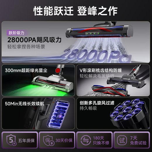 Puppy wireless handheld vacuum cleaner household large suction power high power suction and mopping all-in-one long battery life green light dust display V-shaped comb anti-tangle suitable for pet hair floor carpet V7