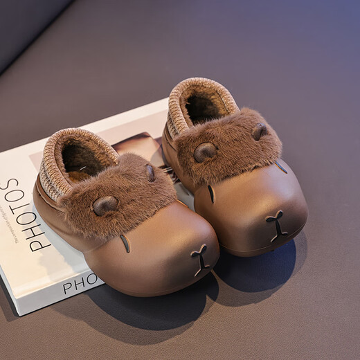 Woodpecker Kapibara Children's Cotton Slippers Boys' Winter Cartoon Cute Non-Slip Indoor Soft Soled Baby Slippers Coffee Color 24