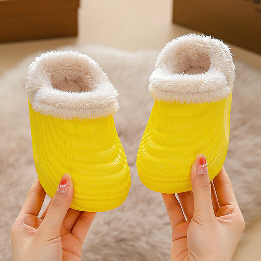 Shiwen EVA children's cotton slippers, furry shoes, warm cartoon, soft, non-slip, removable and washable, middle and large children's parent-child cotton slippers, khaki color 24-25 size
