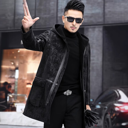 CHEVALPES international first-line brand sheep shear coat men's genuine leather coat long hooded plus fleece wool imitation fur black M 165