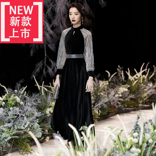 AIKUAMAO adult dress for women 18 years old, high-end black velvet evening dress for women 2023 banquet temperament, high-end light luxury, black LME3223 mid-length M