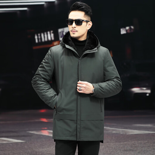 CHEVALPES international first-line brand men's mink-lined fur coat full mink fur integrated mid-length hooded coat military green M 165