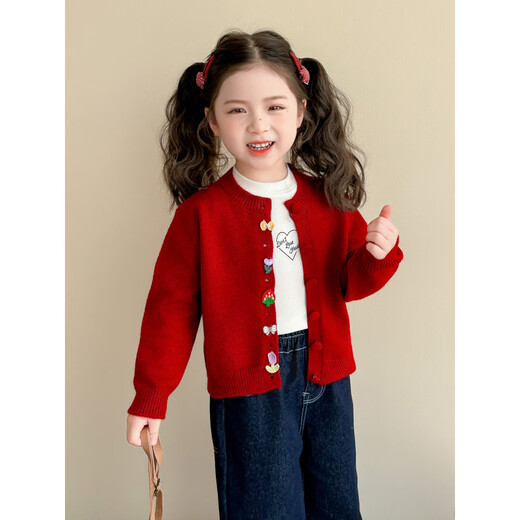 HAL.DUCK Year of the Horse New Year Children's New Year Clothes Cashmere Sweater Girls Knitted Cardigan Jacket Autumn and Winter 2025 New Style Red 130 cm