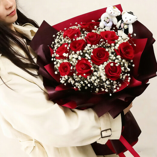 Dream Fairy Flower Express Rose Bouquet for Wife and Girlfriend, Birthday Gift Flowers Nationwide Delivered to the City on Anniversary, Lifetime 2 Bears + 11 Red Roses Flower Bouquet