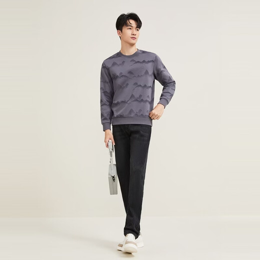 Qipai Xinjiang cotton/national style landscape print round neck sweatshirt for men 2025 autumn and winter new casual versatile top trend dark gray S (165)