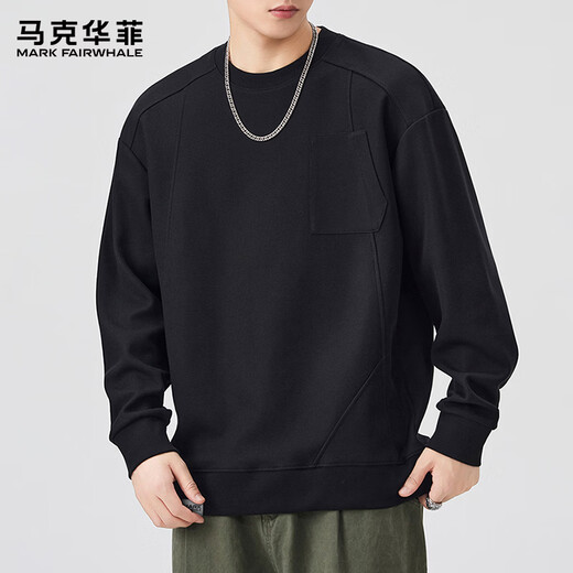 MARK FAIRWHALE sweatshirt men's spring and autumn American round neck casual jacket men's loose trendy tops black 2XL