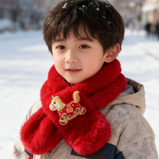 Tuzun New Year Children's Scarf Chinese Red Scarf National Style Cartoon Horse New Year Scarf Imitation Rabbit Fur Festive Baby Scarf Red-New Year Blessing Pony