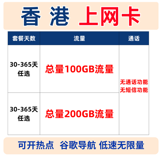 Hong Kong 5G traffic Internet card 200G optional high-speed phone card Internet card renewable Hong Kong 60-day 200GB Internet card