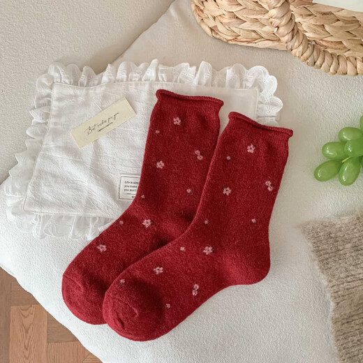 Christmas red socks for women in autumn and winter wool thickened warm bow dachshund socks polka dot New Year socks random style 1 pair one size fits all