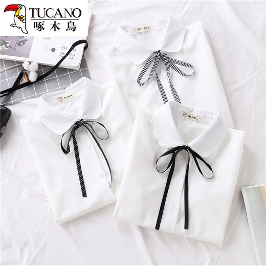 Woodpecker 2025 spring, autumn and winter new velvet thickened bow chiffon white shirt for women with long-sleeved bottoming top round neck coffee plaid lace-up without velvet S