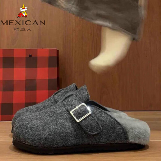 Scarecrow gray thick-soled shoes winter toe-cap furry slippers women's outer wear lazy half-slippers Boken shoes gray counter version 35