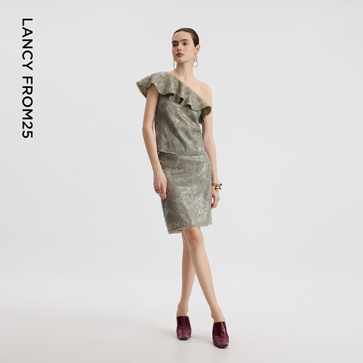 Langzi one-shoulder ruffled beaded fashionable design shirt elegant temperament shirt women 2026 spring new moss green S