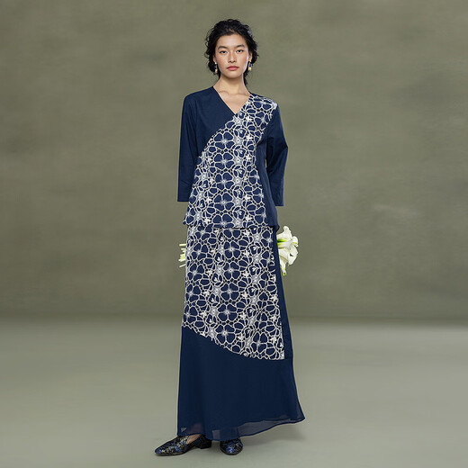 Life on the Left Vipshop Spring and Summer Style Life on the Left 2026 Early Spring New Cotton and Linen Blend Lace Embroidered Chinese Style Shirt for Women Navy S