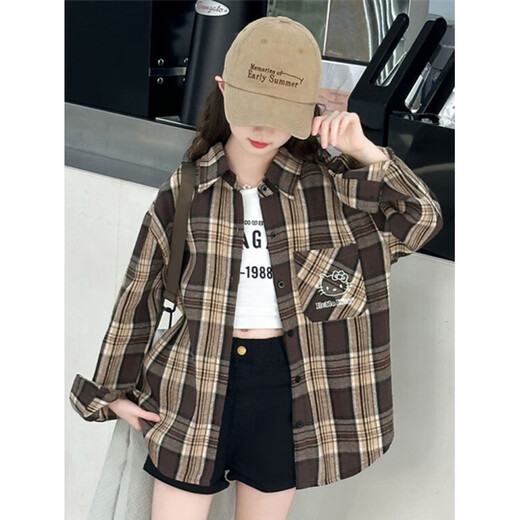 Girls Autumn Plaid Shirt 2025 New Style Casual Big Children Spring and Autumn Korean Style Shirt Loose Jacket Brown 170