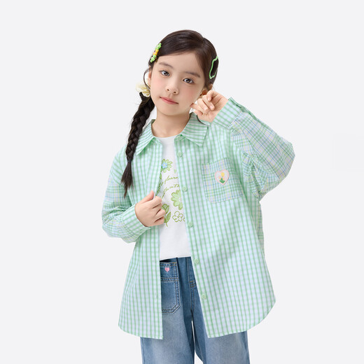 Xiaoyinman children's clothing girls plaid shirt love mark 26 spring fashion lapel top for older children and girls green plaid 160