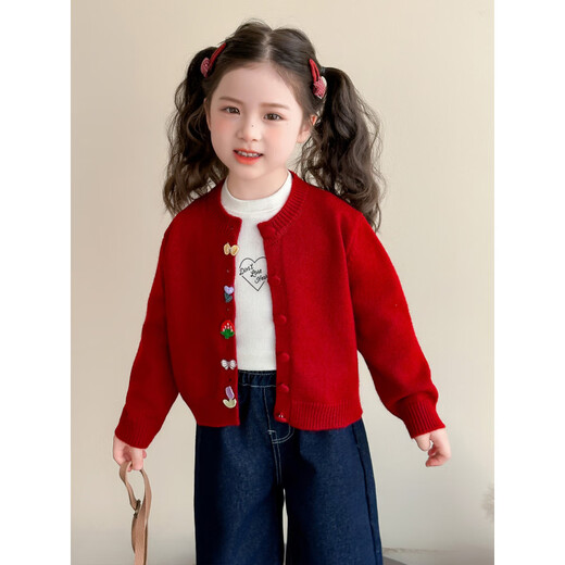 HAL.DUCK Year of the Horse New Year Children's New Year Clothes Cashmere Sweater Girls Knitted Cardigan Jacket Autumn and Winter 2025 New Style Red 130 cm