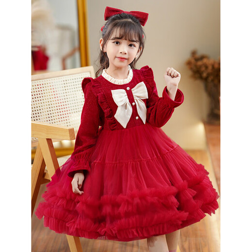HAL.DUCK Girls' New Year's Clothes Fashionable Autumn and Winter Skirts Children's Dresses Winter Clothes Little Girls New Year's Winter Princess Dresses 2586 Red Free Tiara 110 cm