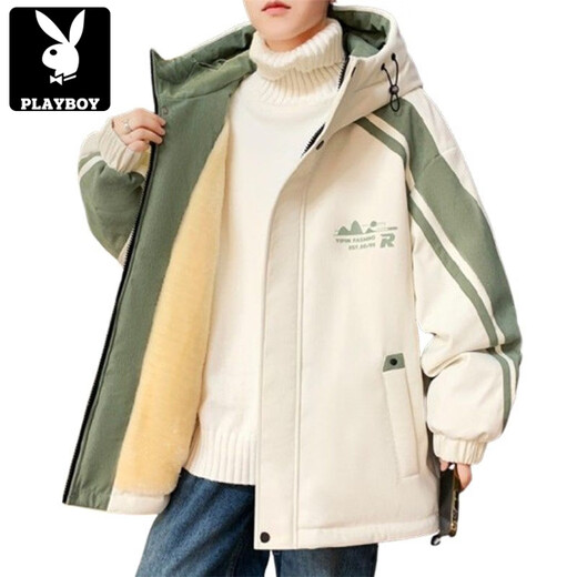 Playboy (PLAYBOY) men's jacket autumn and winter 2026 new trendy brand splicing plus velvet thickened jacket boys and teenagers warm cotton coat 8607 black plus velvet L about 100-120 Jin Jin equals 0.5 kg can be worn