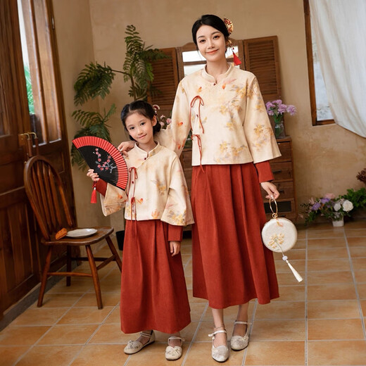 DOMIAMIAKIDS parent-child clothing Tang suit Chinese style Hanfu new Chinese style mother and daughter autumn and winter family of three family portrait New Year's greetings clothing for men orange (suit) spring and autumn 100 children's code