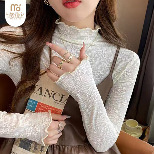 Modal inner lace bottoming shirt for women 2025 new velvet thickened autumn and winter half turtleneck white mesh shirt one size