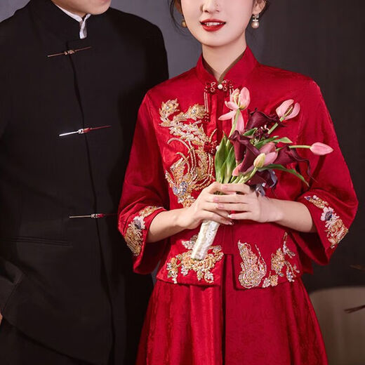 Xianqing Pregnant Women's Toast Wear for Women Bridal Wedding and Engagement Dress New Chinese Style Large Size Fat Girl Out of the Court Wedding Dress Burgundy Dress S