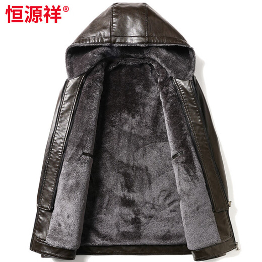 Hengyuanxiang middle-aged and elderly men's velvet thickened leather jacket removable hooded dad leather jacket PU leather grandpa cotton jacket brown 3XL 190