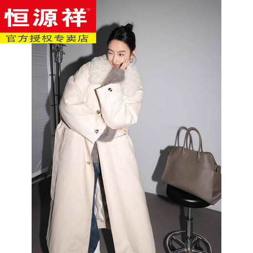恒源祥2026冬季高端长款风衣女90白鹅绒大翻毛领羽绒服女加厚宽松派克服 白色 XS