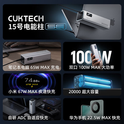 CUKTECH 3C certified No. 15 power column SE power bank with large capacity 20000mAh, can be used on airplanes, multi-port 100W high power fast charging, suitable for Apple and Xiaomi 20,000 mAh, multi-port 100W high power, contains 6A cable, supports Xiaomi 67W fast charging, laptop computer 65W fast charging