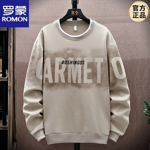 ROMON large size round neck sweatshirt men's autumn and winter plus velvet thickened warm top fat men's plus fat long-sleeved T-shirt A605 white spring and autumn style M 80-100Jin Jin is equal to 0.5 kg