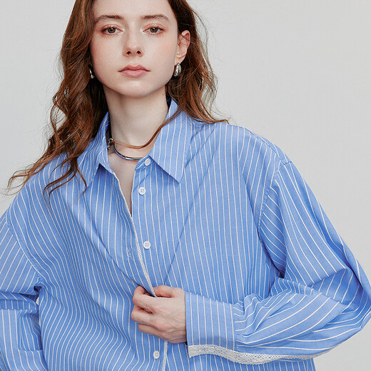 Chuyu striped splicing lace mid-length loose shirt for women 2025 autumn new casual cardigan blue and white stripes M