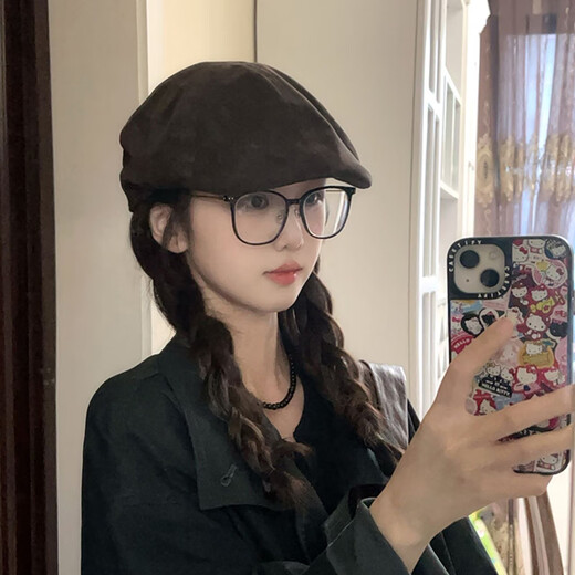 Wanjiazhen Japanese retro suede brown forward hat for women with big head circumference and face, small literary and artistic versatile reverse-wearing beret hat trend Japanese retro solid color forward hat brown coffee color