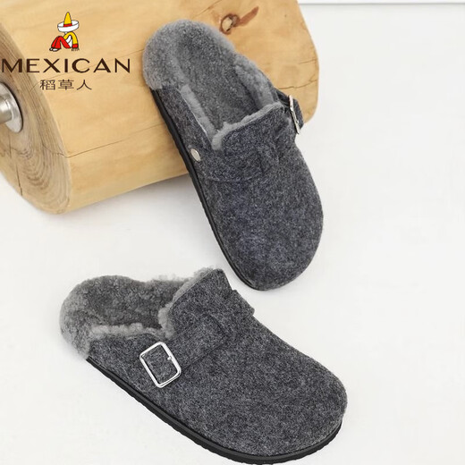 Scarecrow gray thick-soled shoes winter toe-cap furry slippers women's outer wear lazy half-slippers Boken shoes gray counter version 35