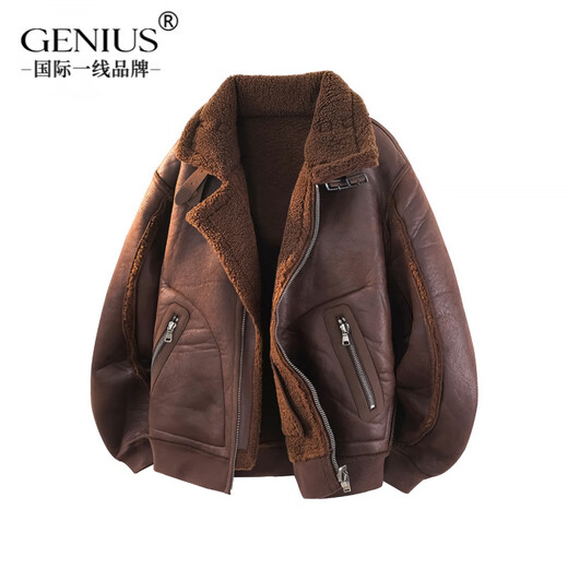 GENIUS international first-line brand leather men's jacket winter 2025 new American trendy brand style motorcycle leather jacket lamb wool brown M