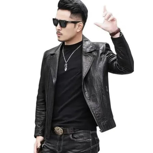 Playboy 2025 Autumn and Winter Short Slim Suit Collar Leather Jacket Men's Korean Style Fashionable, Handsome and Casual The Easiest to Match Leather DB# Black Spring and Autumn Style M