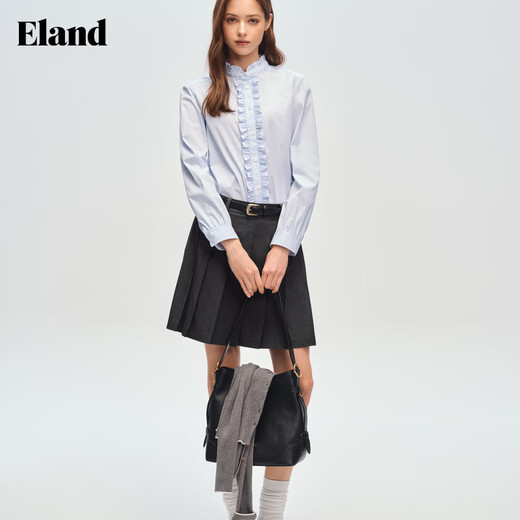ELAND Shirt Feminine Lotus Leaf Collar Cotton Long-Sleeved Plaid Commuting Top 2026 Spring New Style Light Blue (51) L/Blue S /160