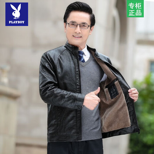 Playboy middle-aged men's leather jacket plus velvet thickened men's casual leather jacket loose large size PU leather jacket middle-aged and elderly dad's outfit black L 175/54 size 130-150Jin Jin equals 0.5 kg
