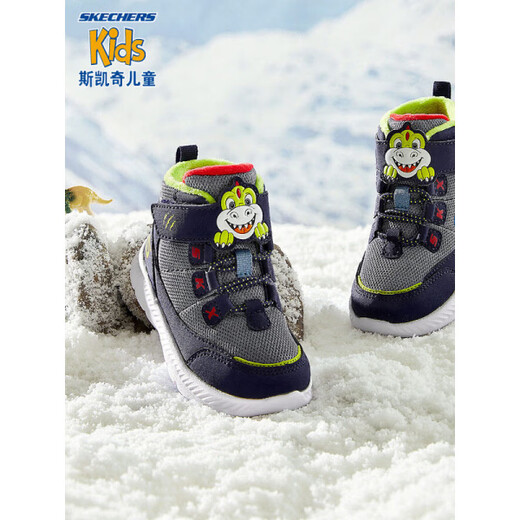 Skechers Men's Shoes Animal Head Winter Style Plush Warm High-top Snow Boots Sports Shoes Official Flagship Navy Blue/Lemon 25