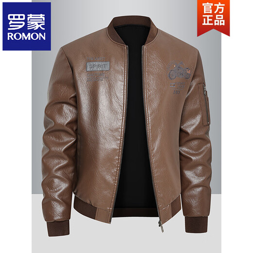 ROMON Leather Jacket Men's Baseball Collar Velvet Thickened Loose Casual Trendy Handsome Leather Jacket Embroidered Motorcycle Jacket Black Velvet 812X Thickened M