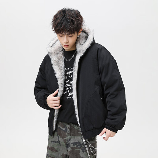 VUUG cotton jacket men's American fur collar mountain carving jacket casual Korean style fashion warm cotton jacket black S
