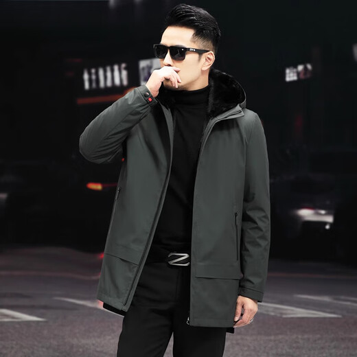 CHEVALPES international first-line brand men's mink-lined fur coat full mink fur integrated mid-length hooded coat military green M 165