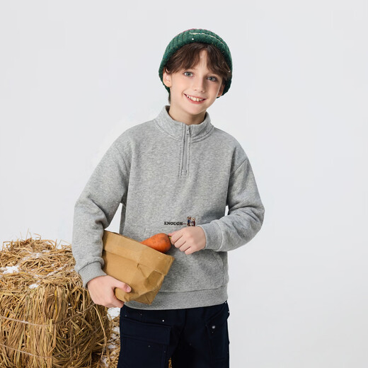 MQD plus velvet MQD boys 25 new winter style college style half-cardigan sweatshirt with big cartoon on the back, light hemp gray 140