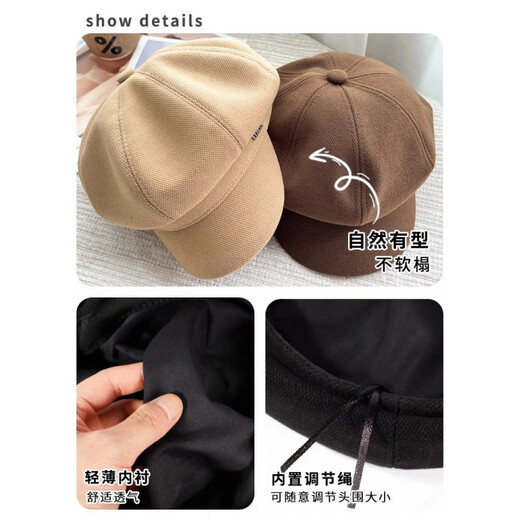 Octagonal hat for women in autumn and winter new style beret for women in autumn and winter showing face small duck tongue octagonal hat big head circumference French antique black black min style one size