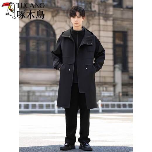 Woodpecker (TUCANO) 2026 new windbreaker men's mid-length jacket three-in-one detachable hooded jacket windproof and waterproof premium style jacket black M