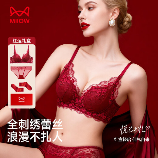 Cat Man Red Underwear Women's Qiji Red Small Breasts Gathered Animal Year Horse Year Harvest Secondary Breasts Pure Desire Sexy Bra Gift Box Set