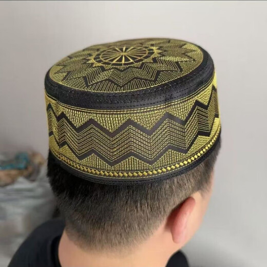 Hanqi Hui men's hat for worship, men's fine embroidery ethnic minority Xinjiang hat flat top embroidery cm embroidery black 55