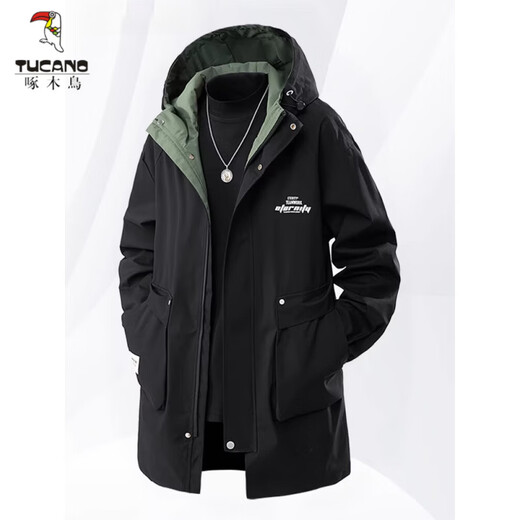 Woodpecker (TUCANO) hooded windbreaker jacket men's spring and autumn loose slimming mid-length jacket plus fat plus size fat casual coat black plus velvet 7XL 240-265Jin Jin equals 0.5 kg