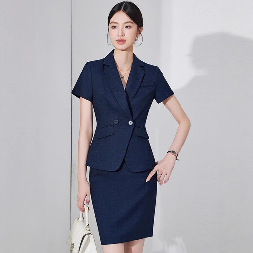 Summer business attire short-sleeved small suit collar jacket for women new hotel front desk work clothes formal waist work new style blue suit + pants (JY6210) S
