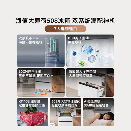 Hisense Big Mint 508L French-style multi-door refrigerator dual-system embedded large-capacity active sterilization and deodorizing white World Cup customized refrigerator BCD-508S3FZKQD national subsidy