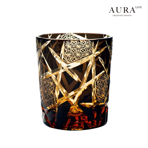 AURA LIFE Personalized Edo Kiriko Cup Twilight of the Gods Amber Lightning Hand-carved Crystal Whiskey Glass Lightning Amber Black Gift Box 260ml 1 piece